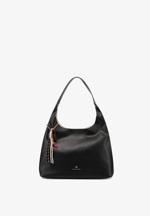 Sac à épaule en cuir noir avec une bandoulière unique, décoré de pompons beige, noir et rouge, avec le logo "Queen Helena" sur le devant.