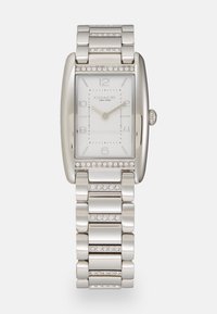 Silver rectangular wristwatch with a polished metal bracelet. Features a white analog face, silver hour markers, and accent stones on the band.