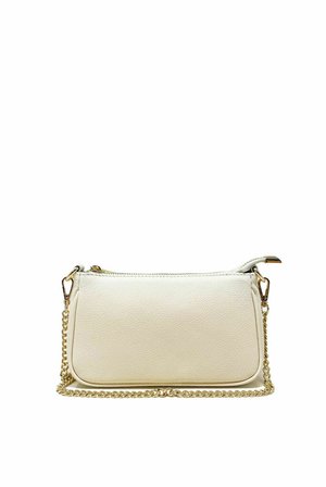 Weiße Leder-Crossbody-Tasche mit strukturiertem Oberflächendesign, goldfarbener Kettenriemen, Reißverschluss und abgerundeten Ecken.