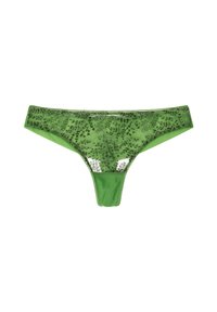 String vert en dentelle avec un motif floral, en tissu transparent contrastant et bords lisses. Le design met en avant des détails délicats et des textures.