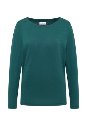 Maglietta teal a maniche lunghe realizzata in tessuto morbido con scollo rotondo e vestibilità ampia. Presenta un'etichetta con il marchio "CECIL".