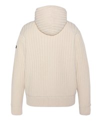 Cremefarbener gestrickter Kapuzenpullover mit geripptem Muster, versehen mit einer Kapuze und Bündchen. Rückansicht zeigt horizontale Rippenstruktur und eine lockere Passform.