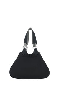 Schwarze Nylon-Handtasche mit weicher, runder Form, ausgestattet mit zwei Stoffträgern und silbernen Hardware-Akzenten.