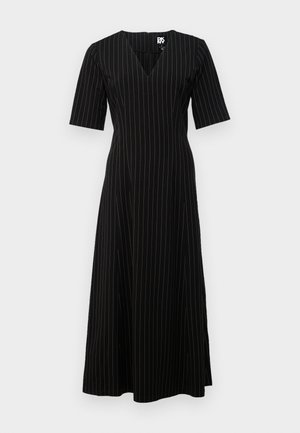 Black midi dress with a V-neck, short sleeves, and vertical stripes in gold. Made from soft fabric, featuring a fitted bodice and flowy skirt.