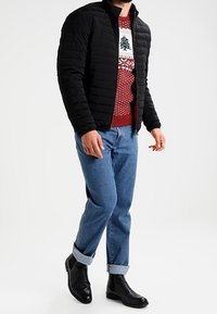 Czarna pikowana kurtka, czerwona sweter z zielonym wzorem drzewa, niebieskie dżinsy i czarne botki do kostek. Casualowy, warstwowy strój z wyraźnymi kolorami.