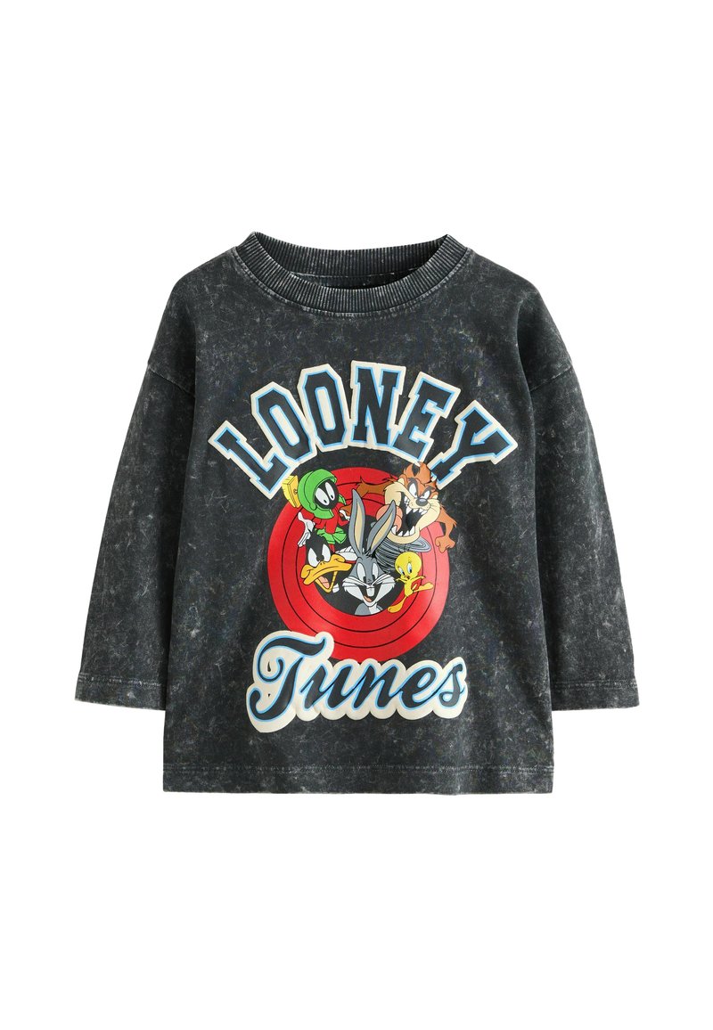 Black long-sleeve shirt with faded texture, featuring Looney Tunes characters and logo in blue, red, yellow, and green on front center.