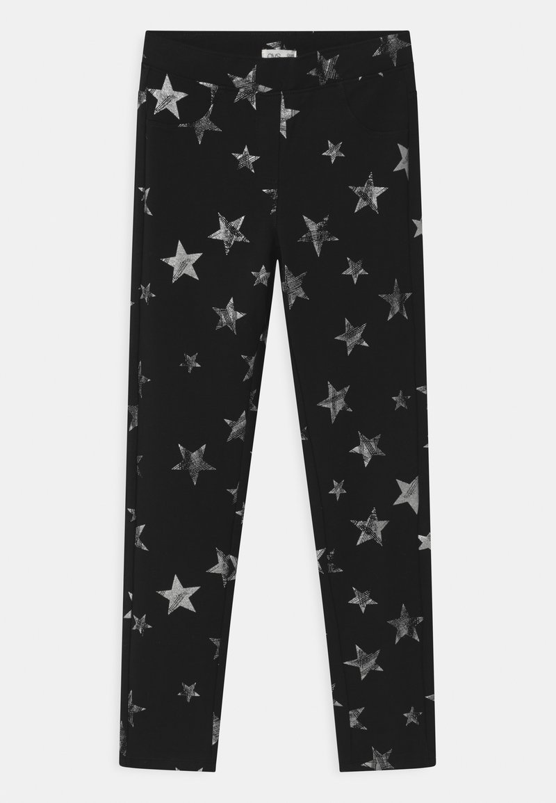 Pantalon noir avec une taille élastique présentant un motif d'étoiles argentées dispersées sur le tissu.