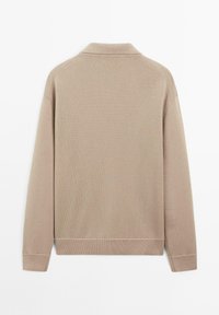 Pull en tricot à manches longues beige avec des poignets et un ourlet côtelés, présenté à plat, dos tourné vers un fond blanc.