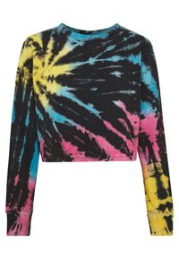 Cropped long-sleeve T-shirt in black with multicolor tie-dye pattern featuring yellow, blue, and pink. Soft fabric with ribbed cuffs.