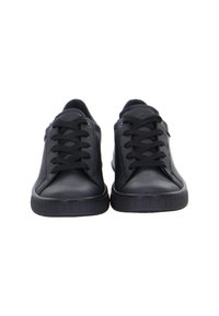 Black leather sneakers with a smooth texture, round toe, six eyelet lace-up design, and a rubber outsole for grip.