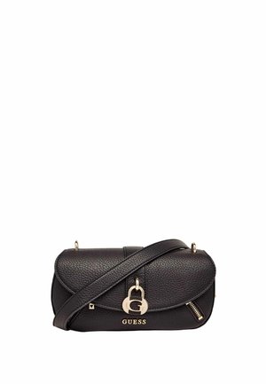 Sac bandoulière Guess en cuir noir texturé avec serrure dorée, détail zippé et sangle réglable.