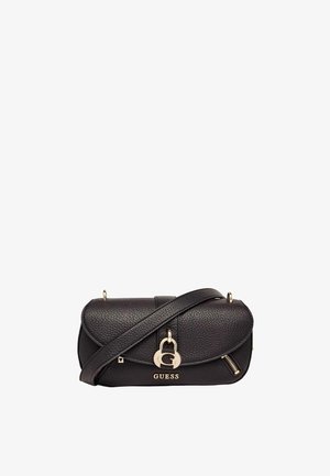 Sac bandoulière Guess en cuir noir texturé avec serrure dorée, détail zippé et sangle réglable.