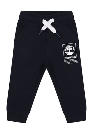 Pantalons de jogging marine en mélange de coton, dotés d'une taille élastique avec cordons blancs, poches latérales et un graphisme de logo d'arbre.