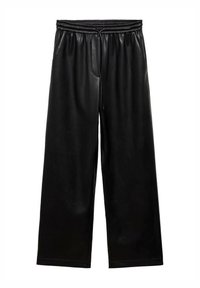 Pantalon large noir en similicuir avec une taille élastique et un cordon de serrage. Texture lisse, design longueur totale, sans aucune quincaillerie visible.