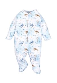 Babykleedje met lange mouwen en voeten, bedrukt met blauwe octopussen, bruine zeeschildpadden, zeepaardjes, kwal en kleine vissen op een witte achtergrond.