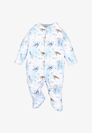 Babykleedje met lange mouwen en voeten, bedrukt met blauwe octopussen, bruine zeeschildpadden, zeepaardjes, kwal en kleine vissen op een witte achtergrond.