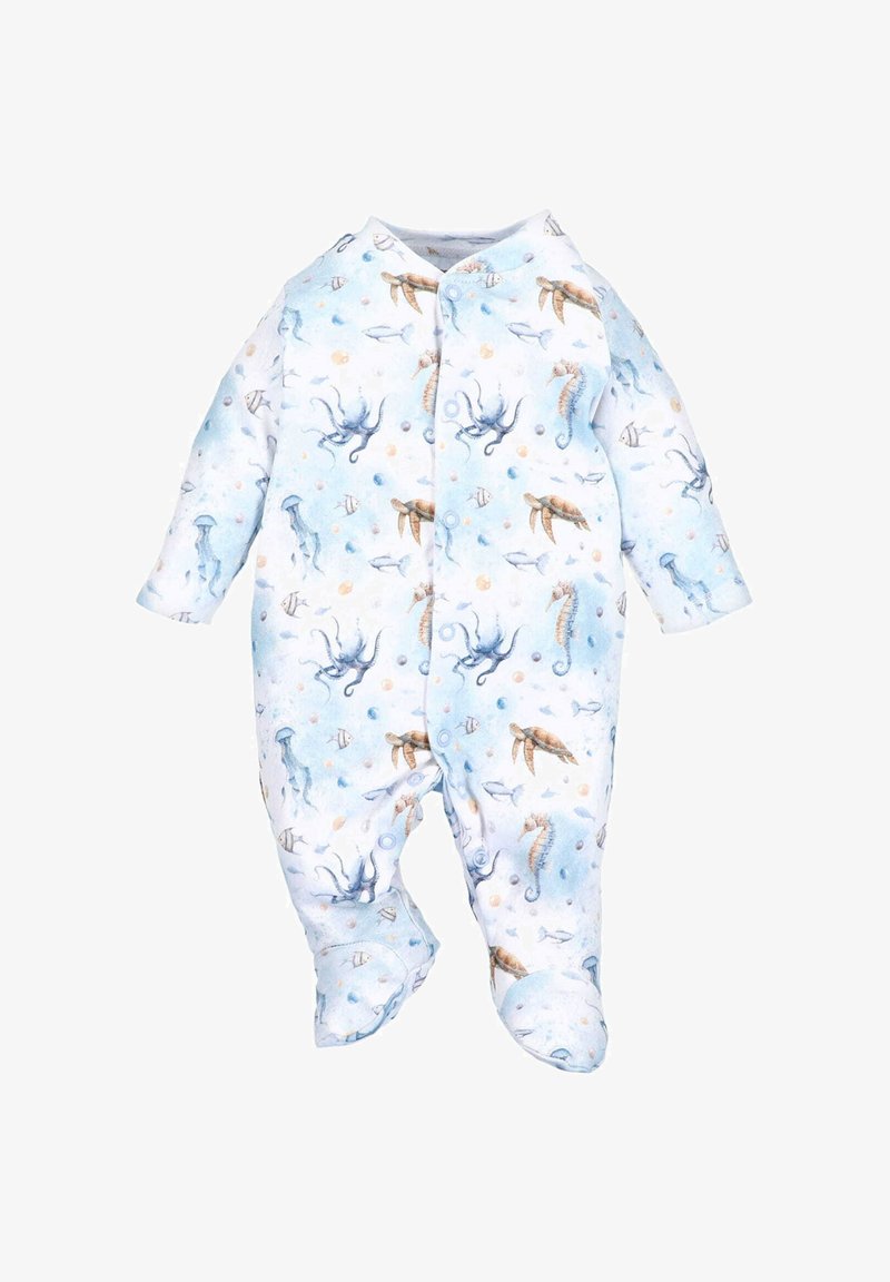 Baby Overall mit langen Ärmeln und Füßen, bedruckt mit blauen Oktopussen, braunen Meeresschildkröten, Seepferdchen, Quallen und kleinen Fischen auf weißem Hintergrund.