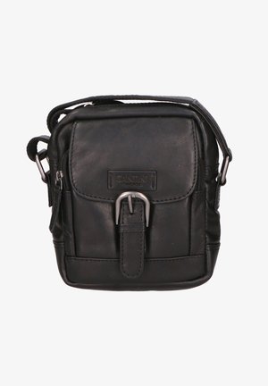 Borsa a tracolla in pelle nera con forma rettangolare, pattina superiore, hardware argentato e dettaglio con fibbia frontale. Include una tracolla regolabile e tasche con zip.