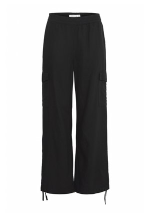 Pantalons cargo larges noirs avec une taille élastique, des poches latérales et des cordons de serrage réglables à l'ourlet. Fabriqués en tissu léger.