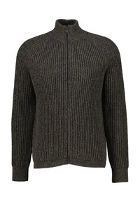 Mörk ribbstickad zip-up-tröja med hög krage och åtsittande manschetter. Tyget har en texturerad yta med en subtil färgvariation.