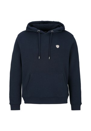 Navy blue hooded sweatshirt made from soft fabric, featuring a kangaroo pocket, drawstring hood, and a small embroidered logo on the chest.