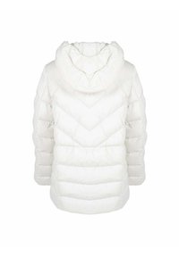 Veste blanche matelassée avec capuche, dotée d'un motif à chevrons, de manches longues et d'un ourlet droit. Texture douce et apparence légère.