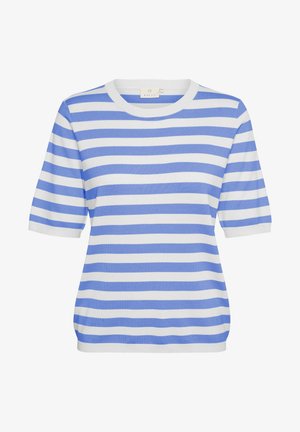 Haut en tricot à manches courtes, rayé bleu et blanc, avec un col rond et une texture douce, présentant des rayures horizontales uniformes. Étiquette de marque visible à l'intérieur.