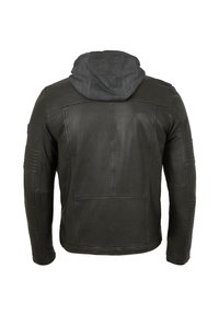 Schwarze Lederjacke mit grauem Hoodie, ausgestattet mit geripptem Muster an Ärmeln und Rücken, glatter Oberfläche und tailliertem Design.