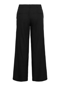 Pantaloni neri a gamba larga in un tessuto testurizzato con vita liscia, dotati di due tasche posteriori e una vestibilità ampia per il massimo comfort.