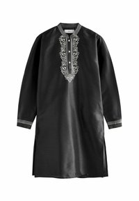 Black tunic made of smooth fabric, featuring silver embroidery down the front and around the collar, with long sleeves and side slits.