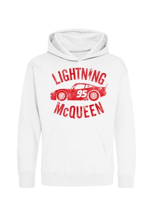 Felpa bianca con cappuccio con grafica di un'auto da corsa vintage rossa con il numero 95 e il testo "Lightning McQueen" sopra e sotto l'auto.