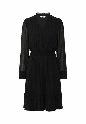 Czarna sukienka z długimi przezroczystymi rękawami, teksturowanymi kropkami, falbaną przy dekolcie, elastycznym pasem i rozkloszowanym dołem z falbaną.