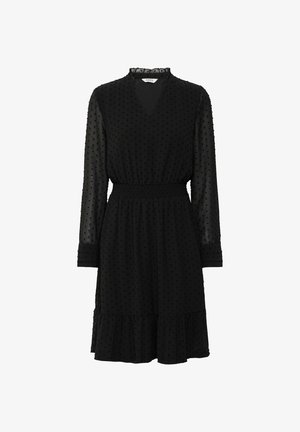 Czarna sukienka z długimi przezroczystymi rękawami, teksturowanymi kropkami, falbaną przy dekolcie, elastycznym pasem i rozkloszowanym dołem z falbaną.