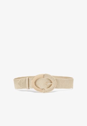Beige woven belt with a wide circular gold-tone buckle and textured detail, featuring a smooth strap and metal clasp for secure fastening.