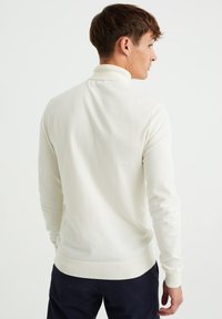 Cremfarbener Strickpullover mit hohem Kragen, gerippten Bündchen und Saum, glatter Textur, von hinten präsentiert.