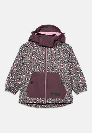 Child’s hooded jacket with pink and brown leopard print, front zipper, and solid brown pockets against a white background.