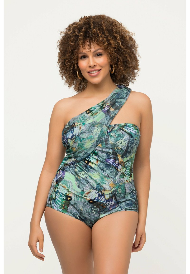 Maillot de bain une épaule avec un imprimé papillon vert et bleu, en matière douce, et un design ajusté avec un détail froncé sur le côté.