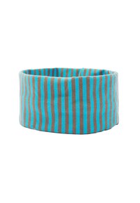 Okrągły materiałowy dodatek z naprzemiennymi pionowymi paskami w kolorach turkusowym i brązowym, wykonany z miękkiego materiału o gładkiej teksturze.