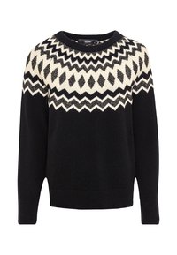 Svart tröja med rundade halsringning, med ett vitt geometriskt mönster av diamanter och zickzack över axlarna och bröstet.
