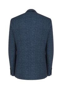 Granatowy, teksturowany męski blezer widziany od tyłu, z długimi rękawami i wyciętym kołnierzem.