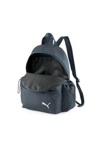 Mochila azul marino con un diseño de parte superior redondeada. Hecha de un tejido texturizado, cuenta con un logotipo, dos cremalleras y correas ajustables. El interior incluye un forro con estampado.