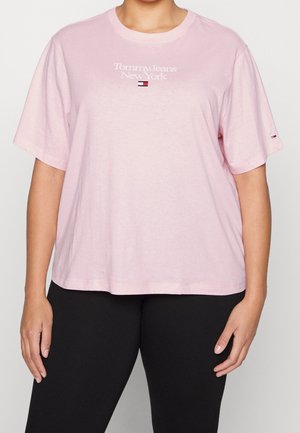 Rosa Baumwoll-T-Shirt mit kurzen Ärmeln, mit dem weißen Logo "Tommy Jeans New York" und einem kleinen Logo-Akzent am linken Ärmel.