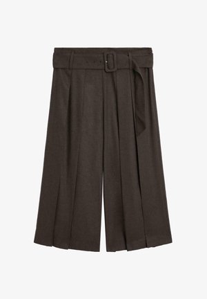 Hnědé plisované culottes s páskem. Vyrobené z měkké látky, s širokými nohavicemi a páskem v pase pro nastavitelný střih.