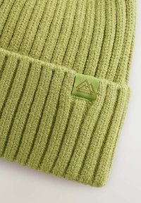 Beanie vert à côtes, fabriqué à partir de fil texturé, arborant une petite étiquette tissée avec un design de montagne dans une teinte de vert plus clair.
