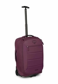 Maleta de ruedas morada con un asa retráctil, panel frontal acolchado, bolsillos con cremallera y ruedas duraderas para una fácil movilidad.