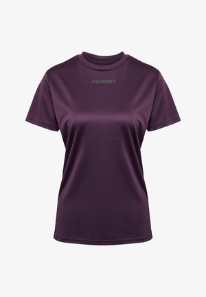 Lila Kurzarm-T-Shirt aus glattem, leichtem Stoff mit Rundhalsausschnitt. Mit grauem "HUMMEL"-Logo auf der Brust.