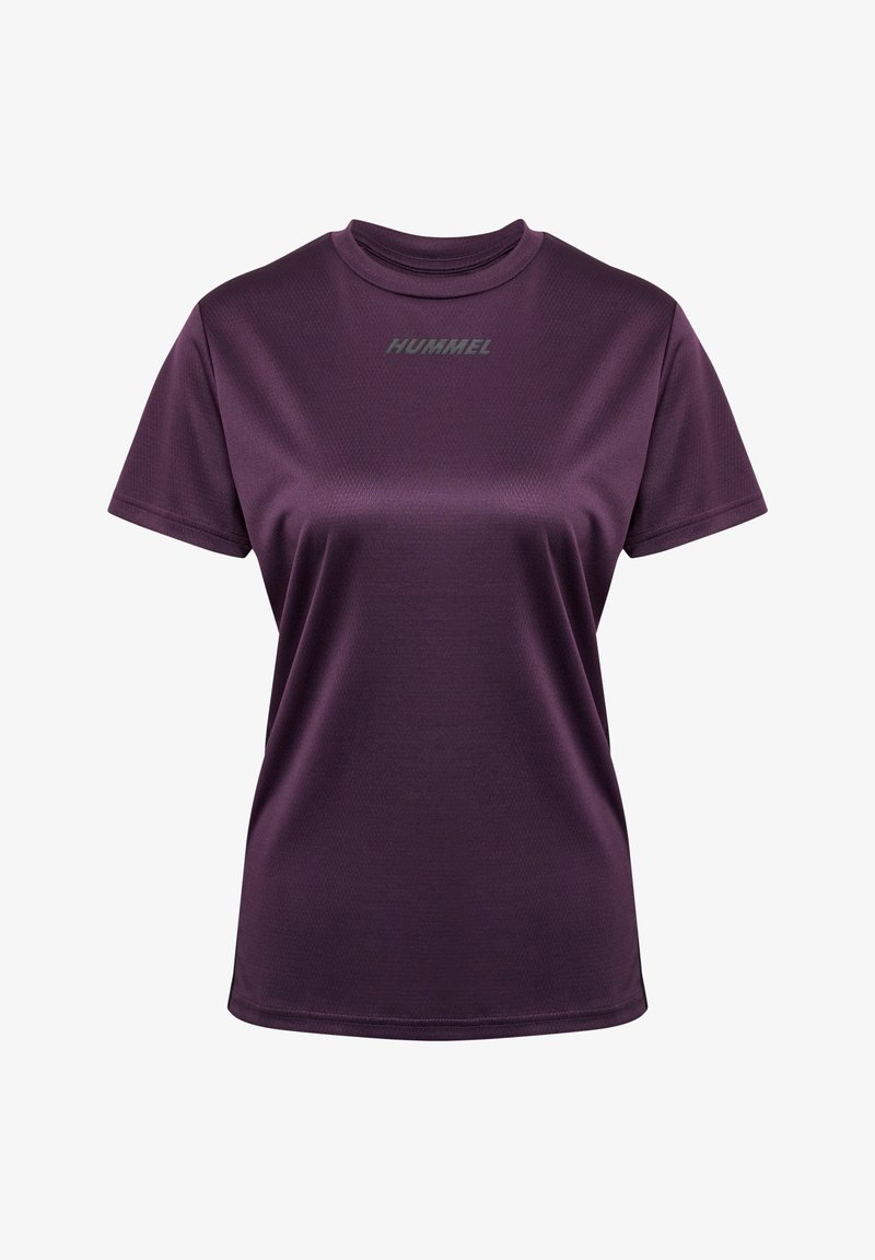 Lila Kurzarm-T-Shirt aus glattem, leichtem Stoff mit Rundhalsausschnitt. Mit grauem "HUMMEL"-Logo auf der Brust.