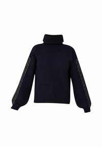 Pull noir à col roulé avec de longues manches bouffantes ornées de deux rangées de petits clous argentés courant de l'épaule au poignet.