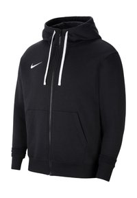 Sudadera con cremallera negra hecha de tela suave, con un logo blanco de Nike, bolsillos laterales dobles, puños acanalados y una capucha ajustable con cordón.