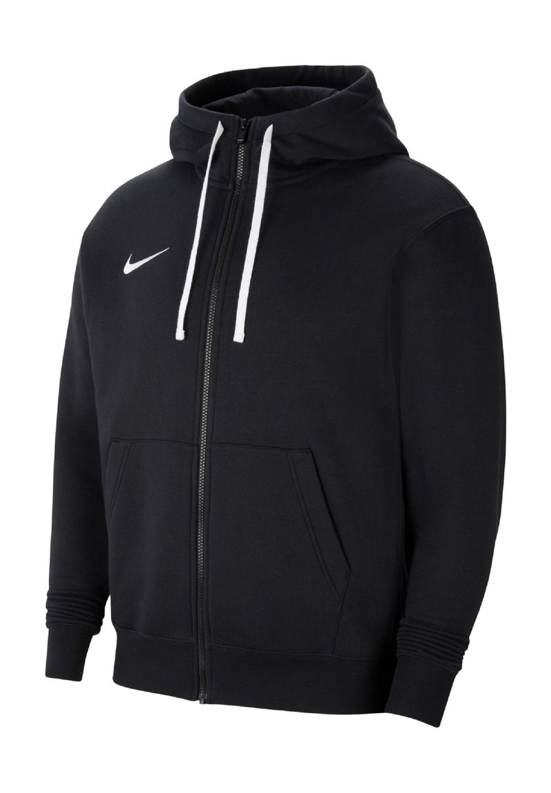 Sudadera con cremallera negra hecha de tela suave, con un logo blanco de Nike, bolsillos laterales dobles, puños acanalados y una capucha ajustable con cordón.